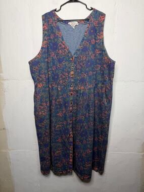 Truly Yours Vintage 90s 3X Denim Button Down Dress Sleeveless Floral Flowers